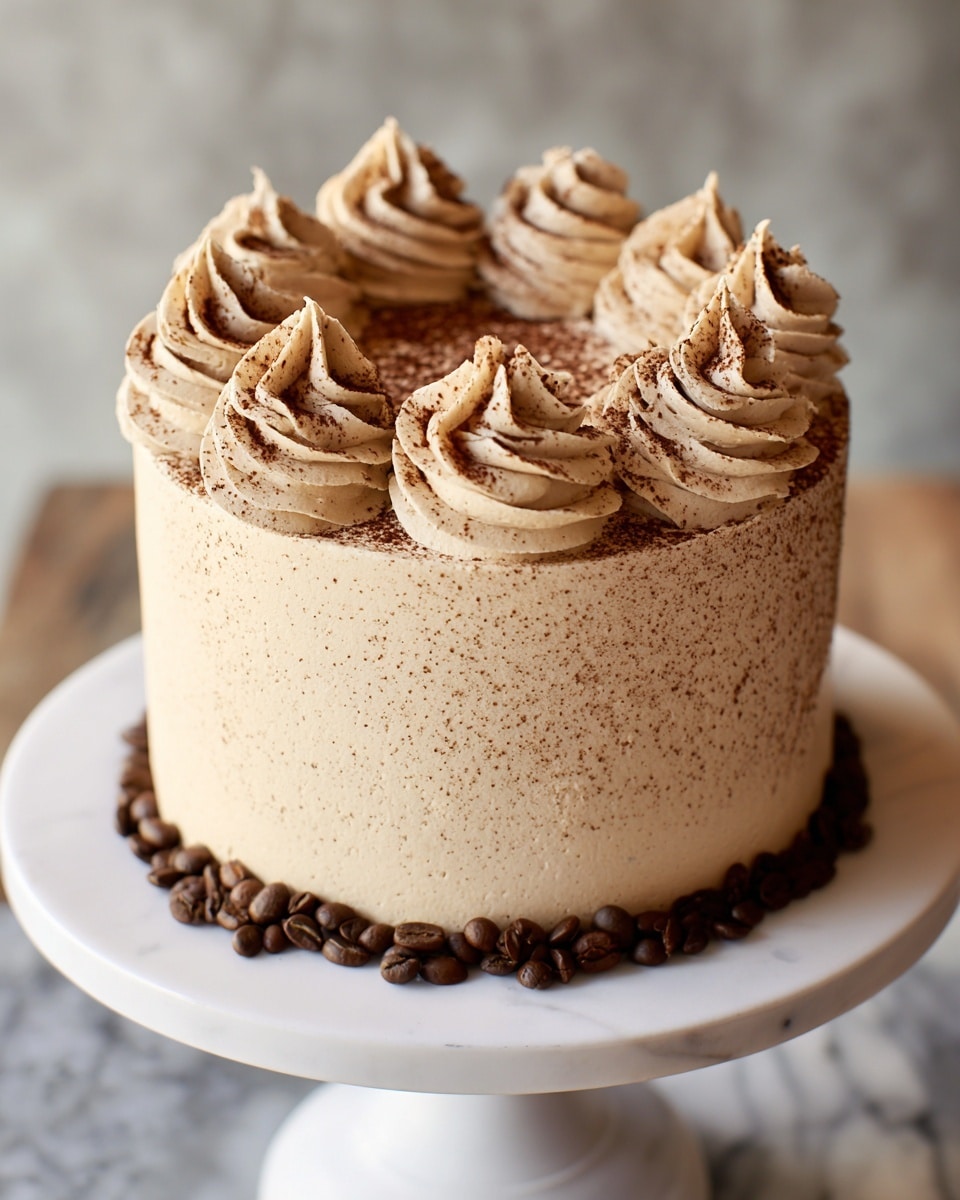 A close-up of a two-layer cake slice on a white plate, with a darker brown textured sponge at the bottom and top, separated by a thick, light beige creamy layer in the middle. The top of the cake is covered with a smooth beige frosting layer, decorated with three piped swirls of the same frosting, and sprinkled lightly with brown sugar crystals. Smooth caramel sauce drips down from the top edge over the frosting and sponge layers, adding a shiny, rich caramel color contrast. The background shows a soft focus cup with a drink, all set against a white marbled texture. Photo taken with an iphone --ar 4:5 --v 7