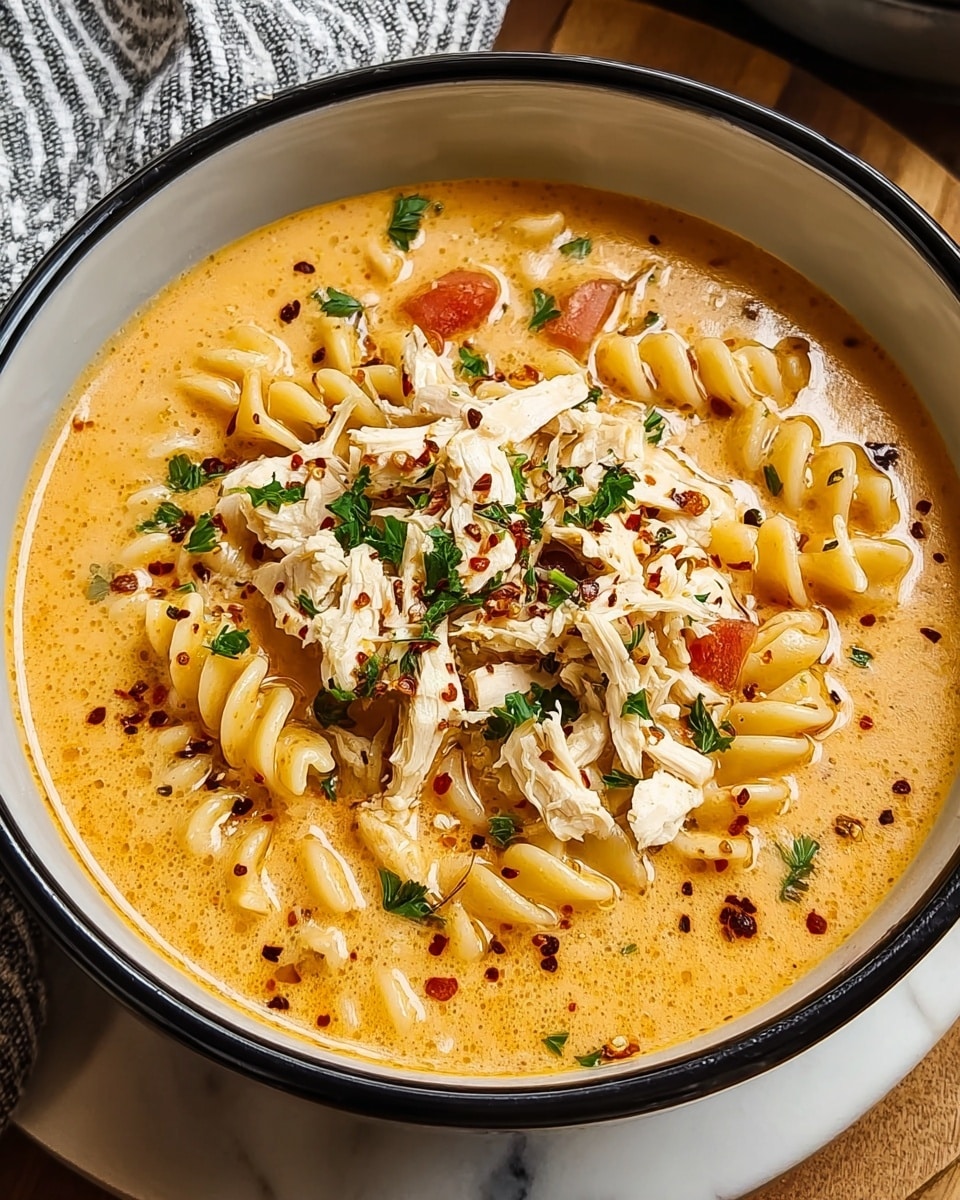 A bowl filled with a creamy, light orange soup with small shell pasta floating throughout. On top, there are chunks of white cooked chicken and pieces of orange carrot, mixed with small green parsley leaves scattered around and a few black pepper flakes sprinkled on the surface. The bowl is white and placed on a wooden surface with a silver spoon lying next to it. In the background, there is some bread wrapped in cloth. Photo taken with an iphone --ar 4:5 --v 7