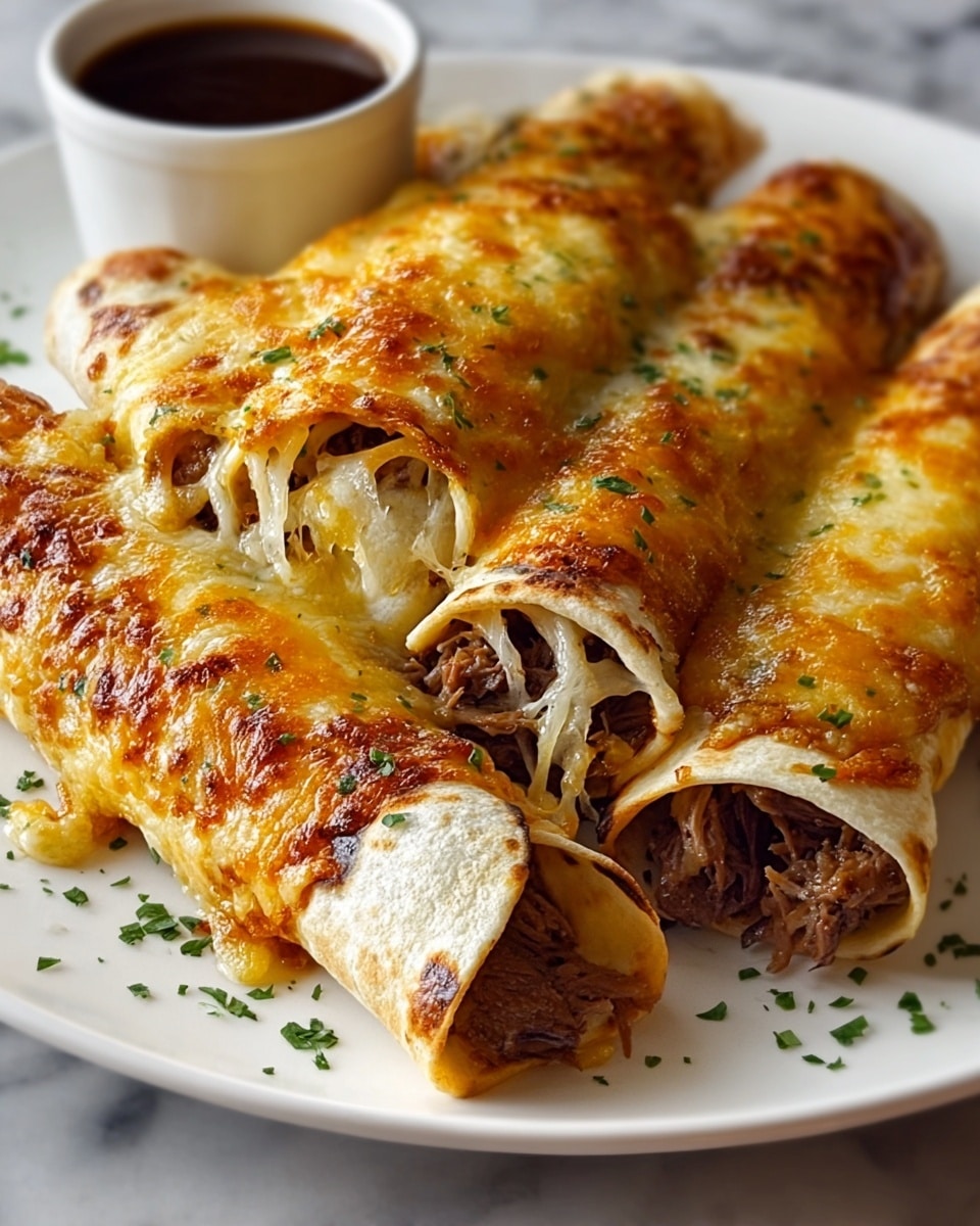 The image shows four rolled tortillas filled with layers of shredded brown beef and cooked golden onions, covered with a layer of melted, bubbly, golden-brown cheese on top. The tortillas have a slightly crispy texture with some browned spots. They are arranged closely on a white plate with small green herb pieces sprinkled around. At the back of the plate, there is a white small bowl filled with a dark brown sauce. The entire scene is set on a white marbled surface. photo taken with an iphone --ar 4:5 --v 7