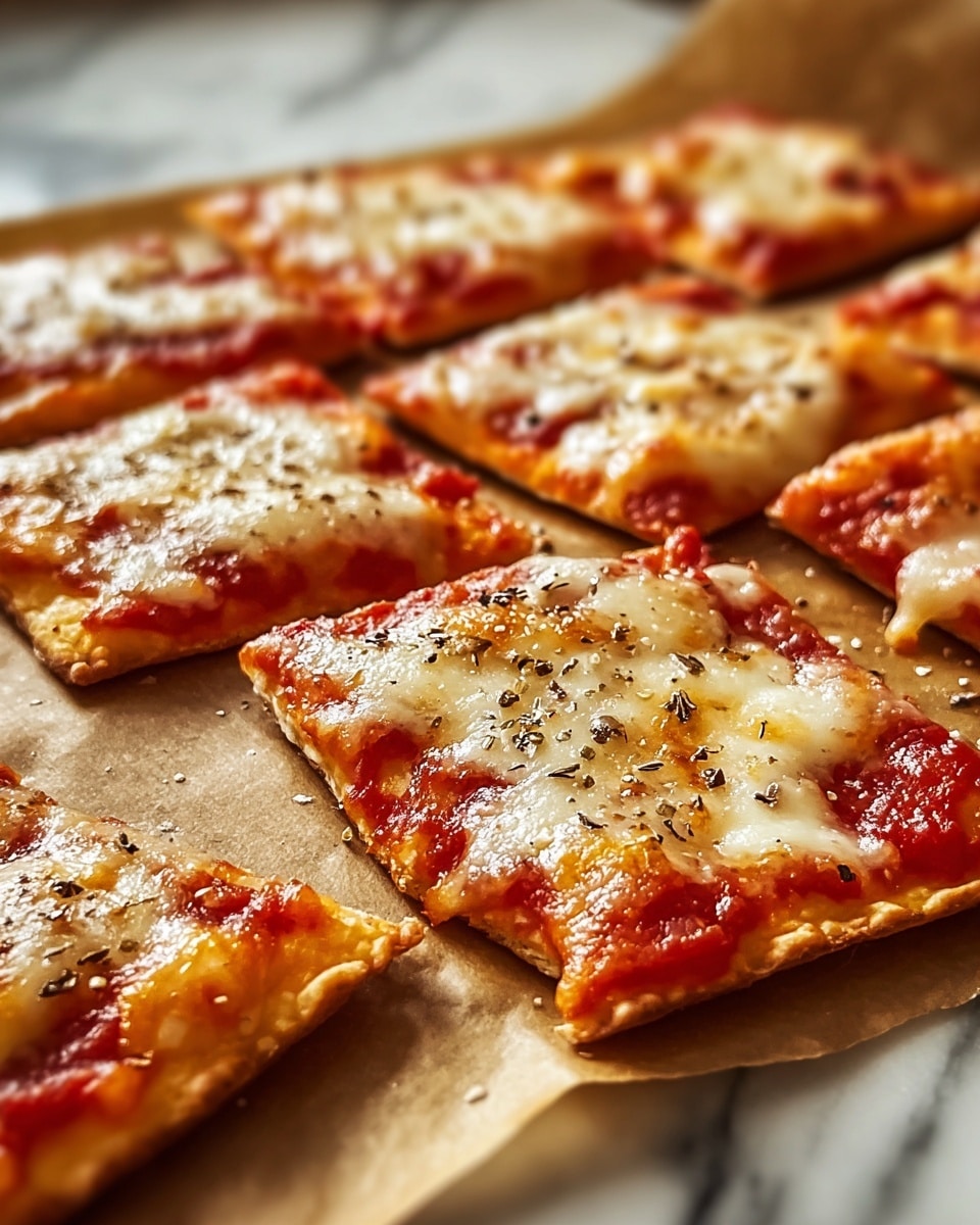The image shows many small, triangular pizza slices laid out on a white marbled surface covered with parchment paper. Each slice has a thin, crispy, golden-brown crust with a visible layer of bright red tomato sauce spread evenly on top. Over the tomato sauce, there is a layer of melted white cheese that has slightly browned in some spots, giving a bubbly texture. Small bits of dried herbs are sprinkled over the cheese, adding dark green and black speckles across the slices. The close-up view highlights the texture of the melted cheese and the crispy edges of the crust. Photo taken with an iphone --ar 4:5 --v 7