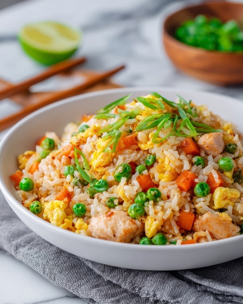The dish is a bowl of fried rice served in a white bowl, placed on a white marbled surface with a gray cloth underneath. The fried rice has multiple layers: at the base, fluffy grains of cooked rice mixed evenly with bright orange carrot cubes and vibrant green peas. Scattered throughout are pieces of scrambled eggs with a yellow, slightly soft texture, and bite-sized chunks of light brown cooked chicken. The top layer is garnished with thinly sliced green onions adding a fresh green color. In the background, there is a blurred slice of lime and a small wooden bowl with greenery. Photo taken with an iphone --ar 4:5 --v 7