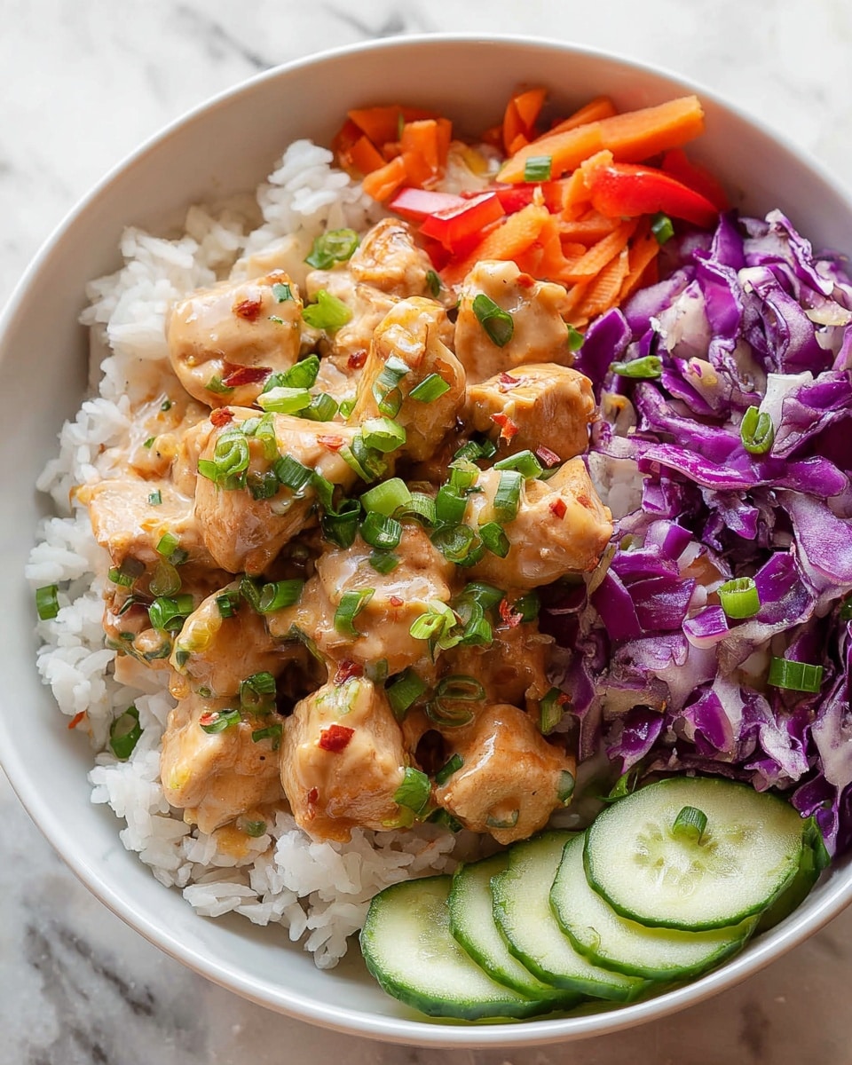 The dish shows a white bowl filled with white rice at the bottom as the first layer. On top of the rice, there are pieces of cooked, golden brown chicken placed on the left side. To the right of the chicken, there are thin slices of bright green cucumber, and next to them are small red cherry tomatoes. In the front right corner of the bowl, there is a colorful mix of purple cabbage and orange shredded carrots, both looking fresh and crisp. A silver spoon rests inside the bowl, near the cucumbers. The bowl is set on a white marbled surface with a part of a white cloth napkin visible beneath the bowl’s edge. photo taken with an iphone --ar 4:5 --v 7