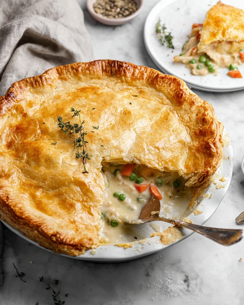 A slice of chicken pot pie with two layers is shown on a white ornate plate. The bottom layer is a thin, golden-brown pie crust that looks crisp and flaky. The top layer is a rich, creamy filling with visible chunks of orange carrots, green peas, and white chicken in thick white sauce. The pie crust on top is golden and slightly cracked, with a few small pieces broken off. A small sprig of fresh green thyme rests gently on top of the pie slice. The plate sits on a red and white striped cloth over a white marbled surface, with a silver fork placed to the right of the slice. Photo taken with an iphone --ar 4:5 --v 7