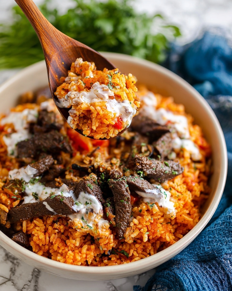 A white bowl filled with three main layers: the bottom layer is bright orange rice mixed with small pieces of red vegetables, creating a textured and colorful base; the middle layer has slices of dark brown, cooked meat scattered evenly on top of the rice; the top layer has a light drizzle of white sauce over the meat and rice, with small green herb bits sprinkled throughout. A wooden spoon lifts a spoonful from the bowl, showing the vivid colors and textures clearly. The background features a white marbled surface, with some green herbs and a blue cloth placed near the bowl. Photo taken with an iphone --ar 4:5 --v 7