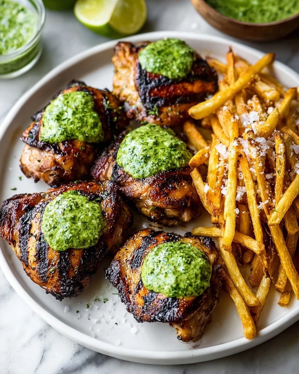 On a white plate, there are five pieces of grilled chicken thighs with dark charred grill marks, each topped with a thick dollop of bright green herb sauce. To the top right of the plate, there is a pile of golden, crispy French fries sprinkled with coarse salt. The plate rests on a white marbled surface with a bowl of green sauce in the background and lime halves nearby. Photo taken with an iphone --ar 4:5 --v 7
