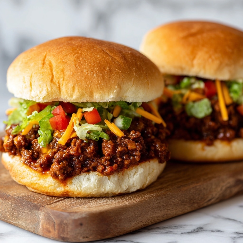 The image shows a close-up of three sloppy joe sandwiches on a wooden board with a white marbled background. Each sandwich has three main layers: the bottom layer is a soft, light brown bun, the middle layer is a rich, chunky mixture of cooked ground meat in a dark reddish-brown sauce mixed with small pieces of vegetables, and the top layer has shredded green lettuce, small diced red tomatoes, and bright orange shredded cheddar cheese. The sandwiches are closed with smooth, golden brown tops buns. Photo taken with an iphone --ar 4:5 --v 7
