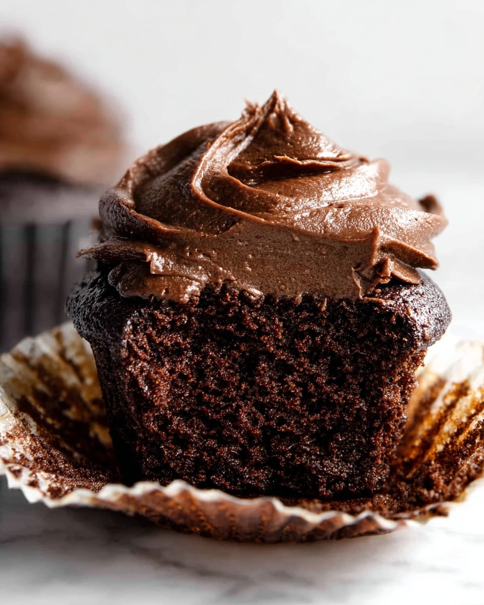Close-up of a chocolate cupcake with the brown paper liner peeled down around the base. The cupcake has one thick layer of moist chocolate cake with a dark, rich texture. On top, there is a thick layer of smooth, dark chocolate frosting with some peaks and swirls showing its creamy, dense texture. The cupcake sits on a white marbled surface. photo taken with an iphone --ar 4:5 --v 7