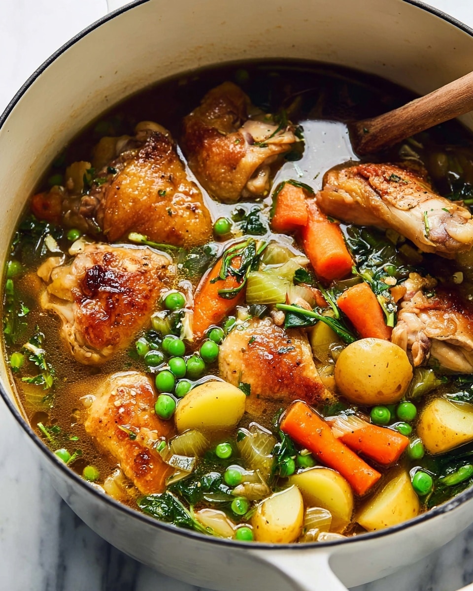 The image shows a white pot filled with a colorful chicken stew containing several layers. The top layer features golden-brown chicken pieces with slightly crispy skin floating in a brownish, clear broth. Underneath and around the chicken are bright orange carrot chunks, vibrant green peas, and leafy dark green vegetables. Light green celery pieces and yellow baby potatoes add more color and texture to the mix. A wooden spoon is partially submerged on the right side, stirring the stew lightly. The background is a white marbled surface. photo taken with an iphone --ar 4:5 --v 7