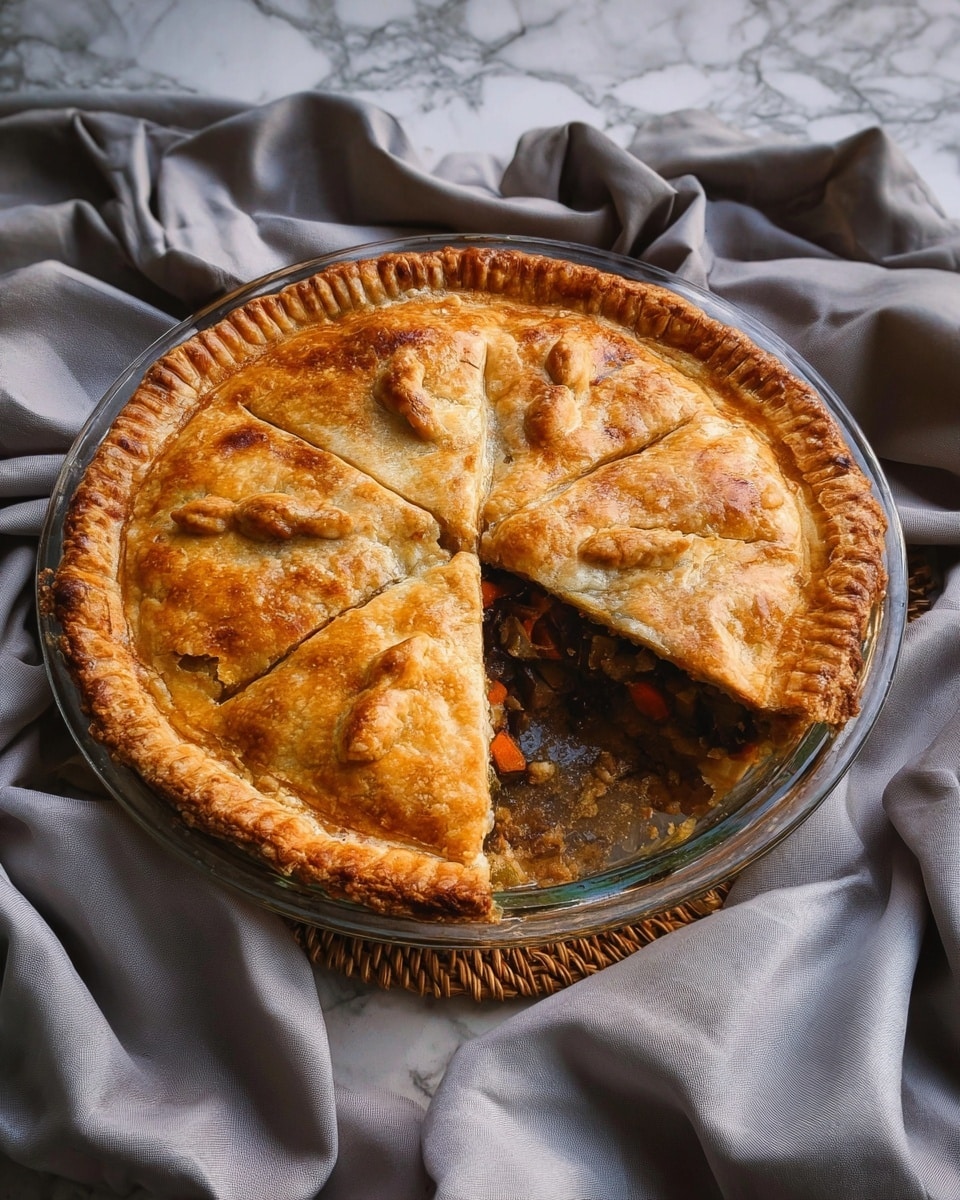The image shows a round, golden-brown savory pie with a thick crust sitting in a clear glass pie dish. The crust is flaky with a slightly shiny top, browned to a warm amber color, and has five small slits radiating from the center where small dough shapes are placed as decoration. One large slice has been removed, revealing a filling made up of dark brown, orange, and green pieces that look like cooked vegetables and possibly meat. The pie dish is placed on a woven mat, surrounded by soft, grey fabric that drapes around it. The surface beneath is changed to a white marbled texture. photo taken with an iphone --ar 4:5 --v 7