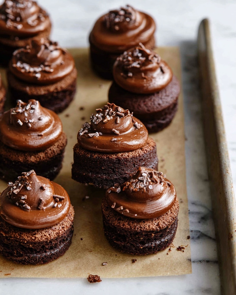 The image shows several small chocolate desserts arranged on a baking tray lined with parchment paper, placed on a white marbled surface. Each dessert has two dark brown, soft-looking cake layers with a smooth, thick layer of glossy chocolate frosting sandwiched between them. On top, there is a swirl of the same chocolate frosting, shiny and creamy, with a sprinkle of small chocolate bits and flakes that add texture. The cakes have a slightly rough surface with a rich, moist appearance, and some are stacked while others are shown from above, highlighting the thick frosting and toppings. photo taken with an iphone --ar 4:5 --v 7