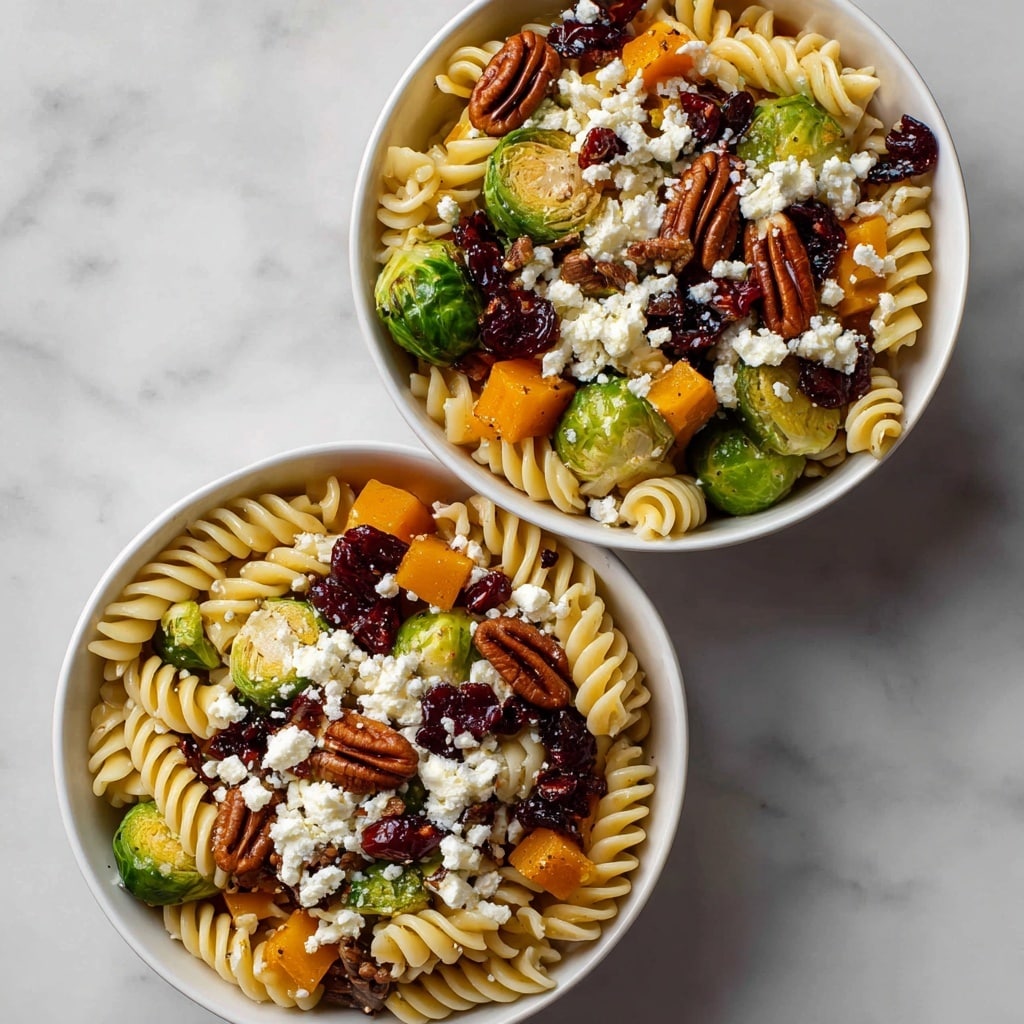 A white bowl filled with three main layers: the bottom layer of twisted rotini pasta in a light yellow color; scattered throughout are bright green roasted Brussels sprouts, some sliced in half showing a soft interior with browned edges; cube-shaped orange butternut squash pieces add warmth and contrast; on top sit glossy brown whole pecans and dried dark red cranberries spread evenly; the dish is finished with white crumbled cheese sprinkled over all ingredients, creating a textured and colorful mix, set against a white marbled surface. photo taken with an iphone --ar 4:5 --v 7