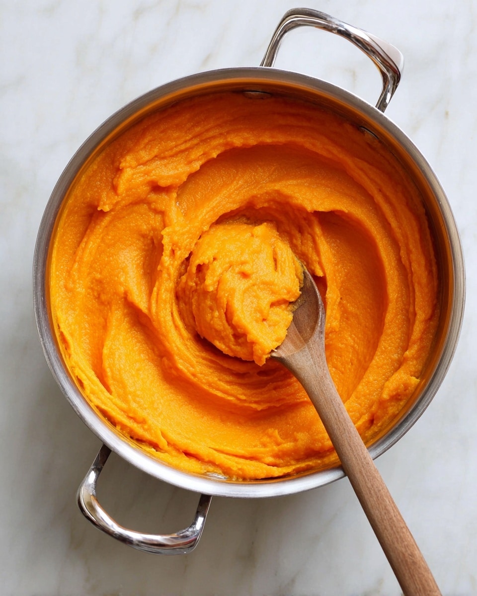 A close-up top view of a stainless steel pot filled with bright orange mashed sweet potatoes. The smooth and creamy texture is visible with soft swoops and swirls all around the pot. A wooden spoon is resting inside the pot, holding a scoop of the mashed sweet potatoes towards the center, showing its thick, dense consistency. The pot is placed on a white marbled surface, and the metal handles of the pot shine softly under the light. photo taken with an iphone --ar 4:5 --v 7