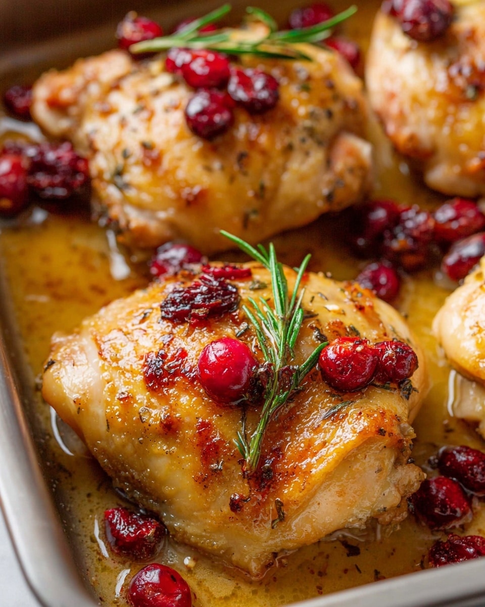 This image shows a close-up of four baked chicken thighs with golden-brown crispy skin in a white baking dish with red edges. The chicken pieces are topped with small bright red cranberry pieces and fresh green sprigs of rosemary. A silver spoon is placed in the dish among the chicken, while a woman's hand holds the side of the dish. The scene is set on a white marbled textured surface with a soft, light-colored cloth nearby. photo taken with an iphone --ar 4:5 --v 7