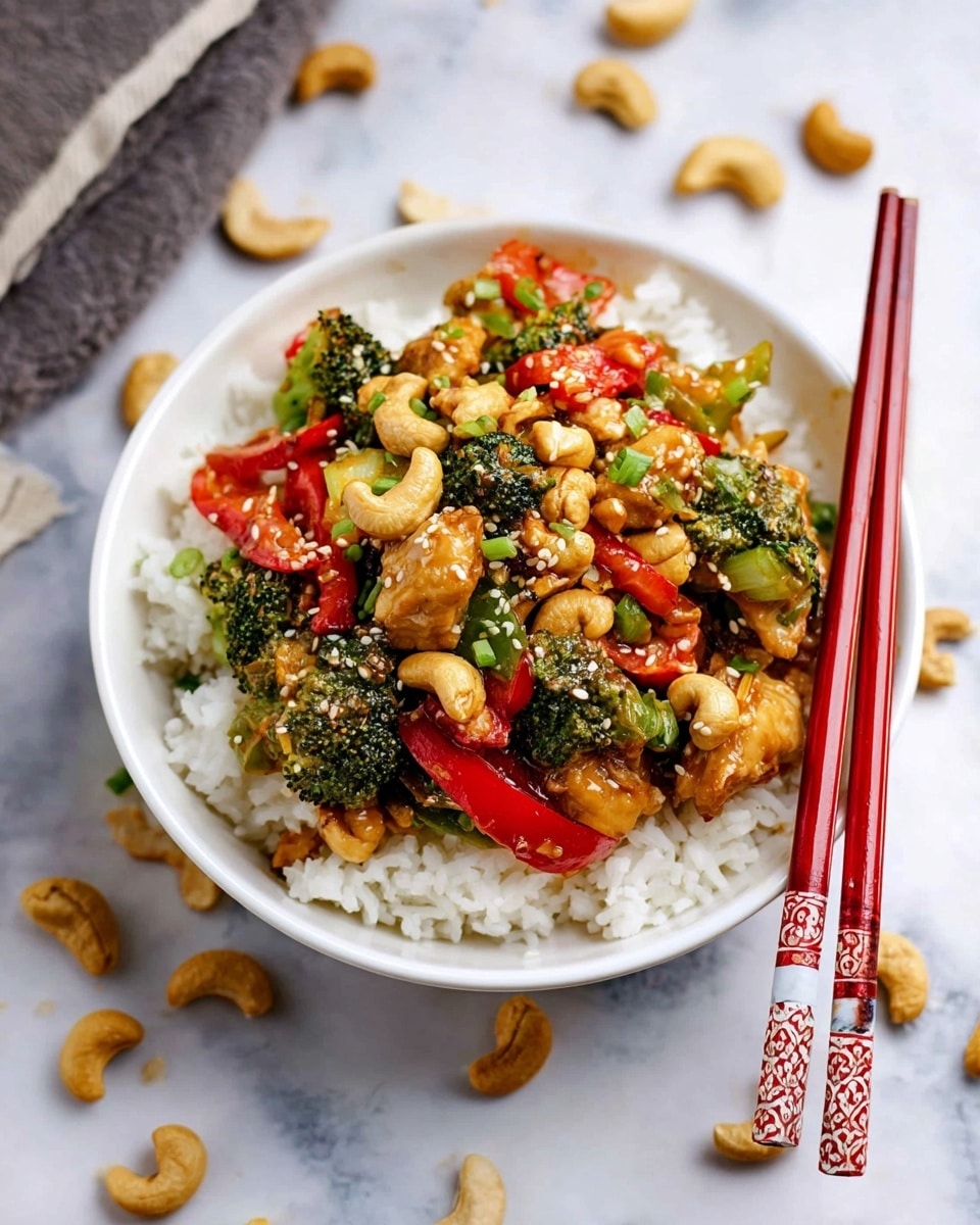 A white bowl holds a three-layer dish starting with a base of fluffy white rice, topped by a mix of stir-fried chicken pieces, vibrant green broccoli, red and green bell pepper chunks, and golden-brown cashews scattered on top. The chicken and vegetables have a glossy sauce coating that adds a slight shine, with some sesame seeds sprinkled to finish. Two red and white chopsticks rest on the side of the bowl, set on a white marbled surface with scattered whole cashews around it. Photo taken with an iphone --ar 4:5 --v 7