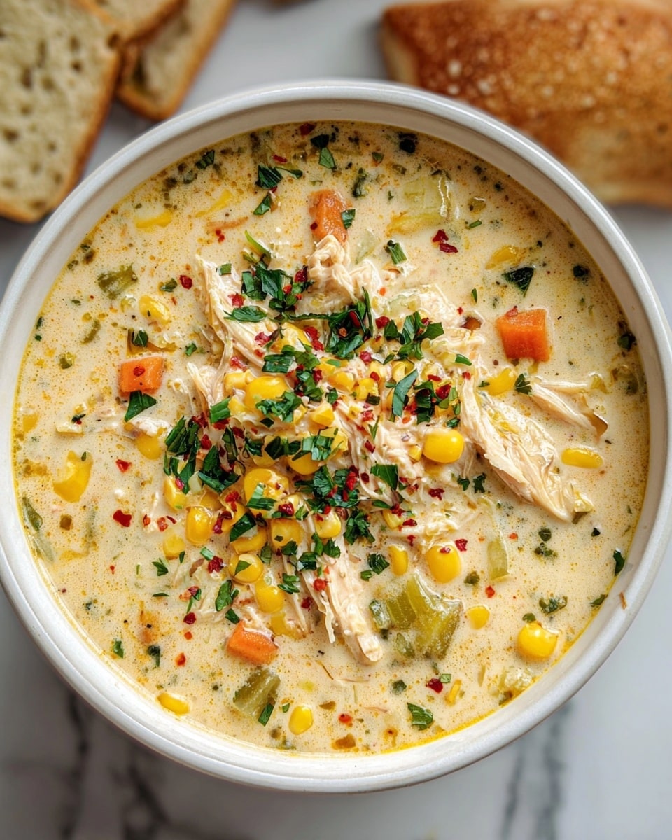 A white bowl filled with a creamy, light yellow soup that has visible shredded chicken pieces in light beige, sweet corn kernels in bright yellow, small orange carrot cubes, and pale green celery bits. The soup is garnished on top with fresh chopped green herbs and a few small red chili flakes scattered around. The texture looks thick and smooth with some veggies adding a bit of chunkiness. The bowl rests on a white marbled surface with slightly toasted bread pieces in the background. photo taken with an iphone --ar 4:5 --v 7