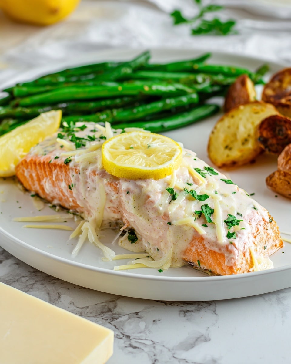 A large piece of baked salmon with a thick, golden-brown melted cheese layer on top sprinkled with small green herb bits, cut into a rectangular slice at the edge, showing soft pink cooked salmon flakes inside. The salmon rests on a wooden board with a bunch of fresh green herbs and a whole yellow lemon nearby. A metal spatula lifts the cut piece slightly from the board. The background is a white marbled texture. photo taken with an iphone --ar 4:5 --v 7