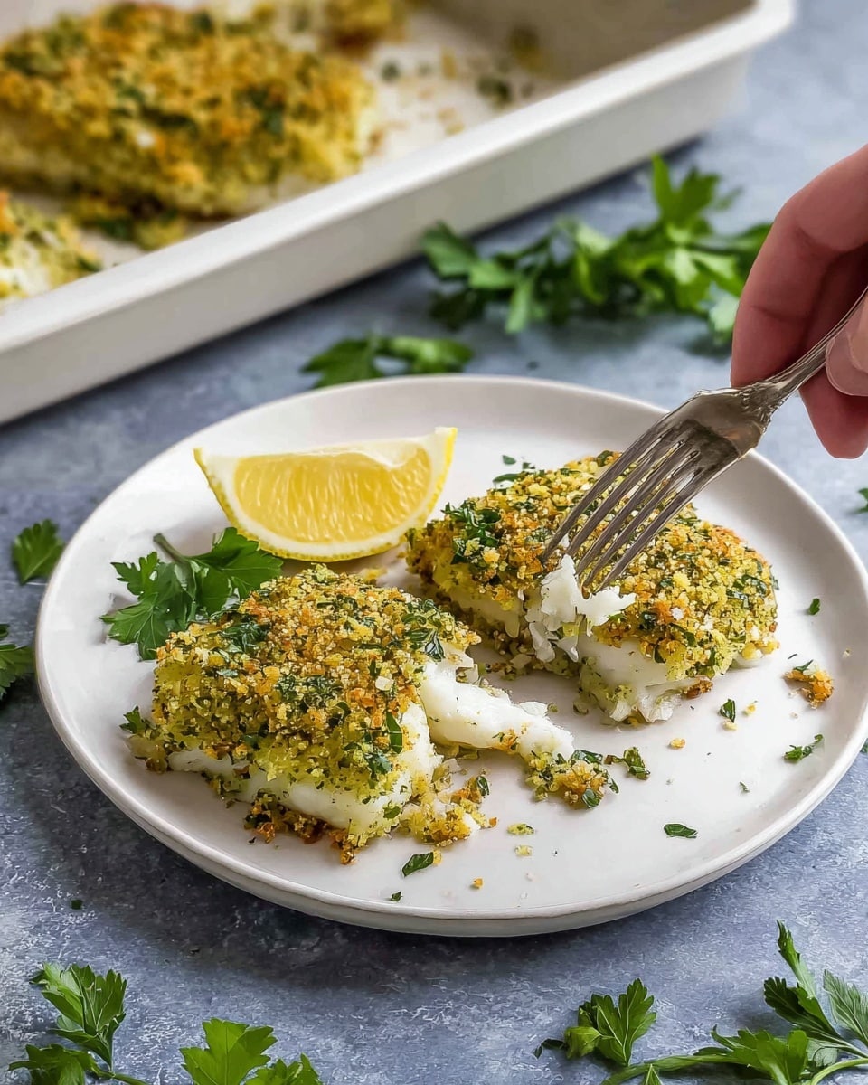 The dish shows two thick white fish fillets on a white plate, each topped with a crumbly green and brown herb and breadcrumb crust. One fillet is cut by a fork, revealing the soft, flaky white fish inside. Behind the fish, there is a small mixed green salad with different green and purple leaf textures. To the right side of the plate, there are two lemon wedges with bright yellow skin and juicy interiors. The whole scene is set against a white marbled surface. photo taken with an iphone --ar 4:5 --v 7