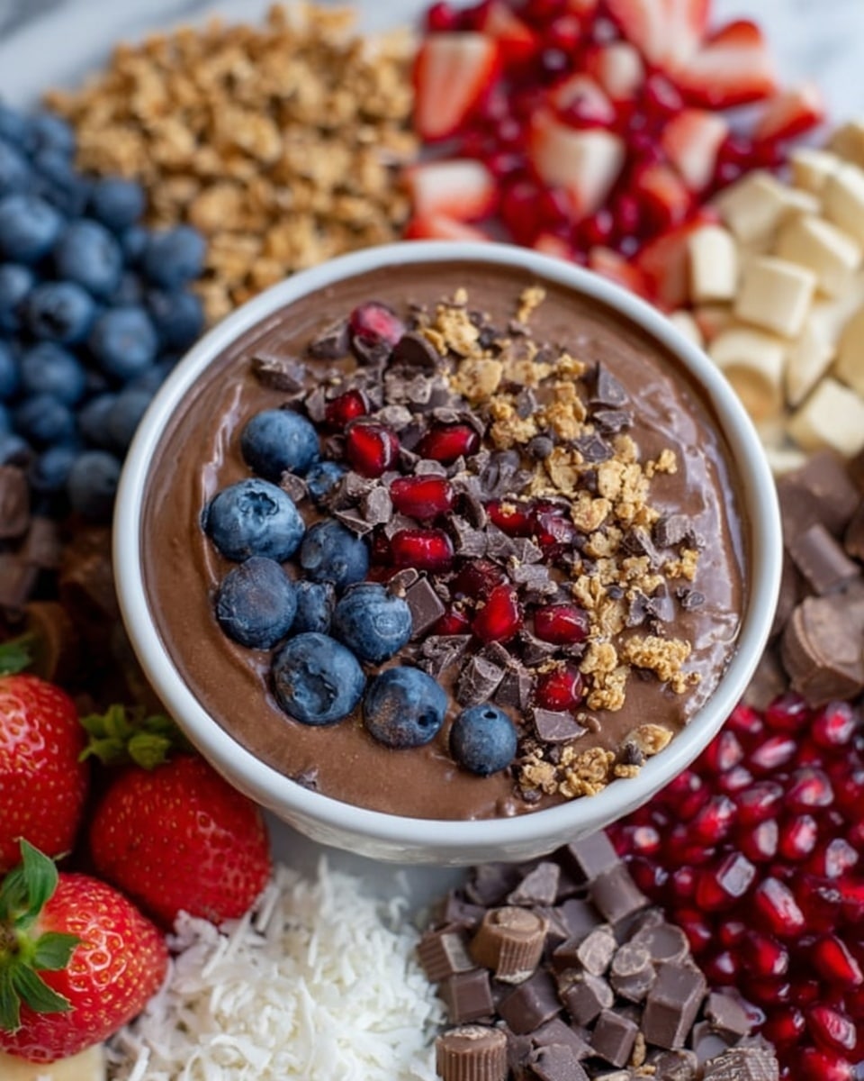 The image shows a clear glass bowl filled with creamy chocolate mousse. On top, there are bright red pomegranate seeds, shiny dark chocolate chips, fresh blue blueberries, and small pieces of crunchy walnut scattered over the surface. The bowl sits on a wooden table, and a woman's hand is seen holding the edge of the bowl. The background is a white marbled texture. Photo taken with an iphone --ar 4:5 --v 7