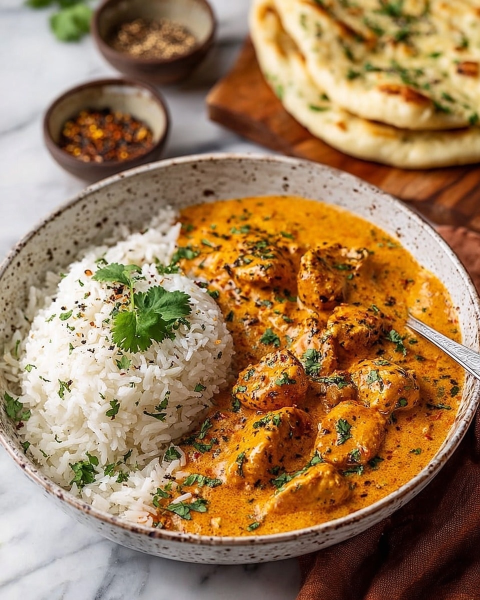 A round, speckled bowl holds three main layers: on the right side, there is a thick layer of fluffy white rice sprinkled lightly with green herbs and red spices; on the left side, a rich, creamy orange curry fills more than half the bowl, with chunks of browned chicken immersed in the sauce; the top layer is fresh green cilantro leaves scattered over both rice and curry. A silver spoon rests inside the bowl on the left side, and pieces of flatbread sit on a wooden surface behind the bowl. The bowl is placed on a soft, light beige cloth on a white marbled surface. A soft warm light glows in the background. Photo taken with an iphone --ar 4:5 --v 7