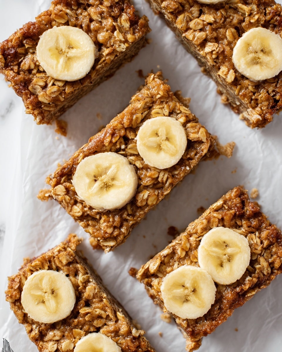 The image shows two stacked oat bars with visible chunks of banana inside, placed on a wooden surface against a dark background. The bars have a rough, crumbly texture with a golden-brown oat layer on top, a moist middle filled with soft banana pieces and brown sugar, and a thin darker brown base at the bottom. The oat layer is coarse with whole oats clearly visible, and the moisture inside looks sticky and dense, creating a chewy appearance. The bars are cut into neat squares with slightly crumbly edges around each piece. Photo taken with an iphone --ar 4:5 --v 7