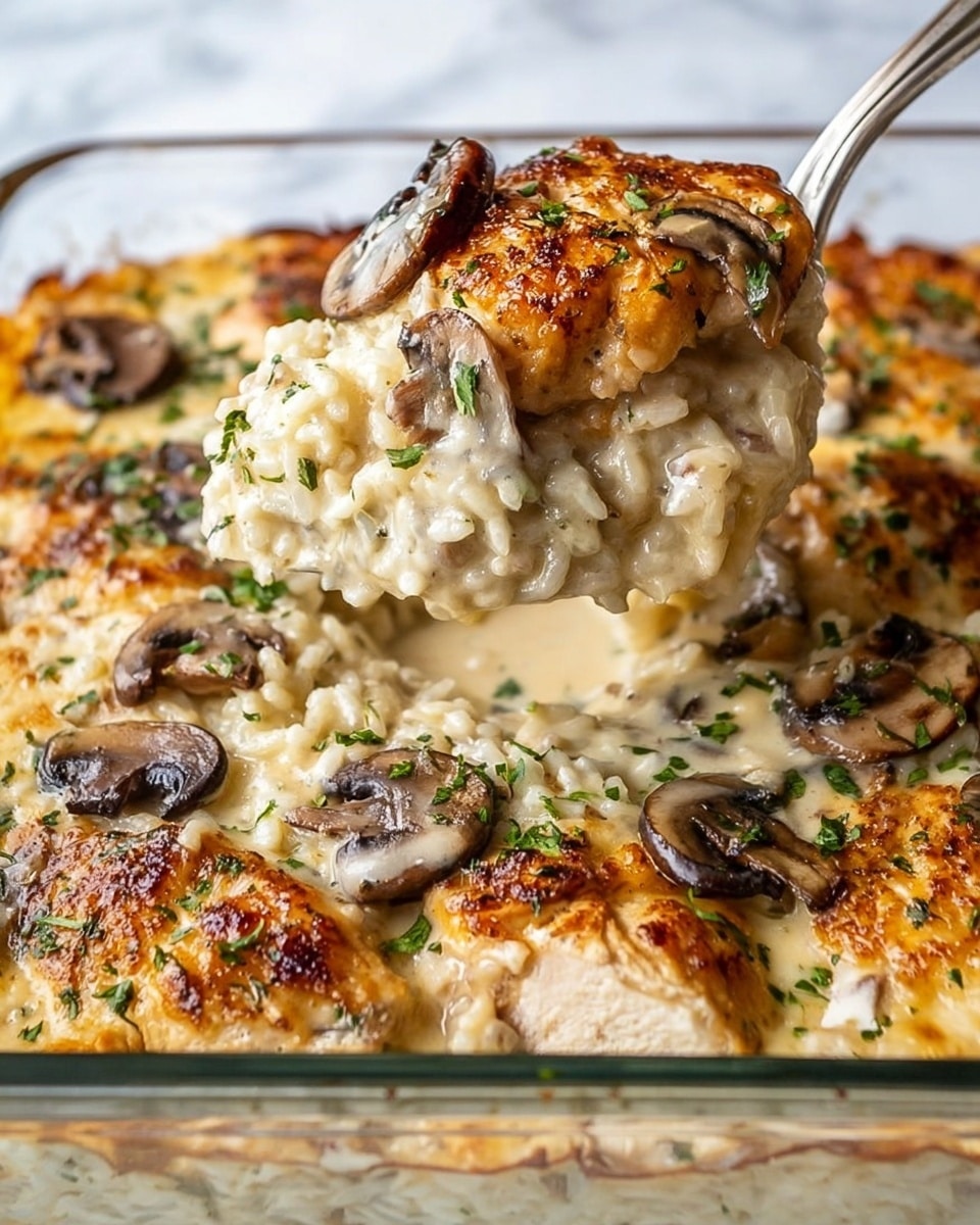 The image shows a close-up of a dish in a clear glass baking dish with a white marbled background. The dish has a base layer of creamy, light-colored rice with visible herbs mixed in. On top of the rice layer, there is a layer of brown and golden, crispy chicken pieces with a textured, slightly charred surface. Scattered throughout the dish are slices of cooked mushrooms, slightly brown and soft in texture, that add contrast to the creamy rice and crispy chicken. Small bits of green herbs are sprinkled evenly across the dish, enhancing the colors and appearance. Photo taken with an iphone --ar 4:5 --v 7