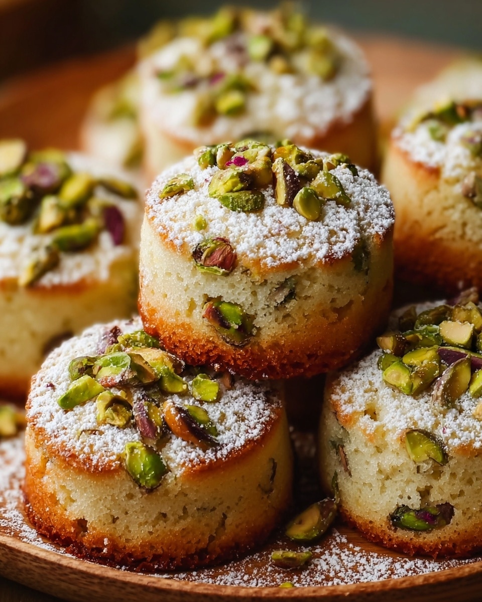 The image shows a close-up of several small round cakes arranged closely together. Each cake has a light golden brown base with a soft, pale cream-colored top layer that looks moist and slightly crumbly. The cakes are sprinkled with powdered sugar and decorated with pieces of chopped green pistachios, some whole and some split, mostly concentrated on the top but slightly embedded in the sides. The cakes rest on a wooden plate, contrasting with the light colors of the cakes. The focus is sharp on the front cakes, while the back ones are softly blurred. photo taken with an iphone --ar 4:5 --v 7
