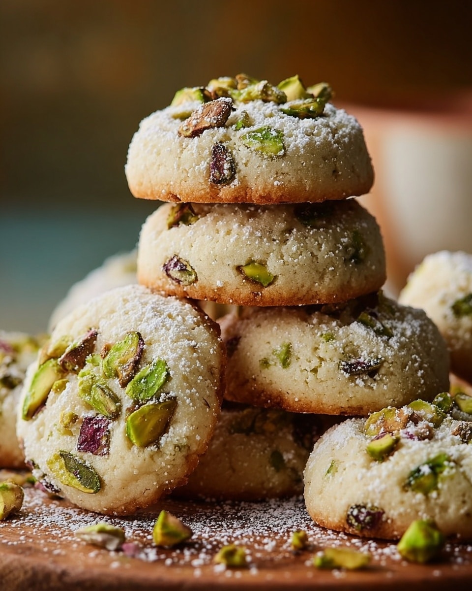 The image shows a close-up stack of soft, round cookies with a light beige base, embedded with green and brown pistachio nut pieces throughout and on top. The cookies have a slightly browned bottom edge and are dusted with a fine white powder, likely powdered sugar, giving them a delicate look. They are piled closely together on a wooden surface with small bits of pistachio scattered around. The background is softly blurred with warm tones, emphasizing the texture and colors of the cookies. photo taken with an iphone --ar 4:5 --v 7