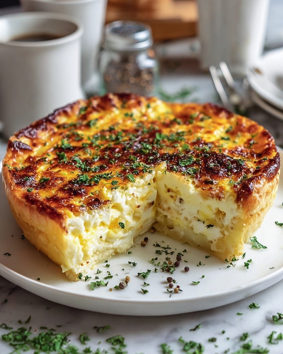 The image shows two thick, round baked dishes with a golden-brown, slightly charred top layer, garnished with small green herb sprinkles. Each dish has distinct layers starting with a creamy white base that looks soft and smooth, topped by a caramelized golden crust with a bubbly, textured surface. The edges show a fluffy, slightly uneven texture indicating a soft interior. These are placed on a white plate on a white marbled surface. photo taken with an iphone --ar 4:5 --v 7