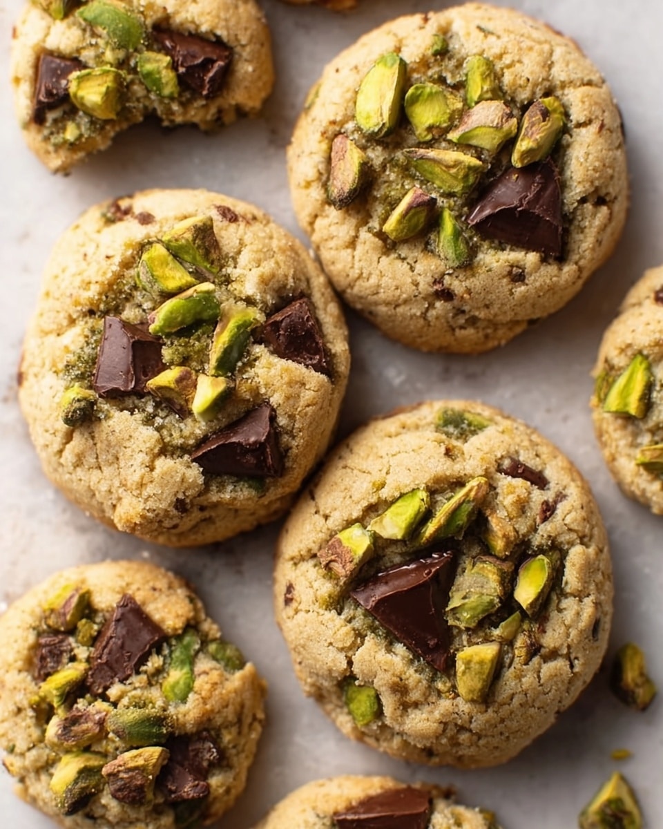 The image shows several round cookies with a light golden brown color and a slightly cracked surface. Each cookie is topped with uneven pieces of green pistachio nuts and dark chunks of chocolate that melt slightly into the cookie. The texture looks soft and chewy with bits of pistachio embedded throughout. The cookies rest on a white marbled surface, and the lighting highlights their crumbly texture and rich colors. Photo taken with an iphone --ar 4:5 --v 7