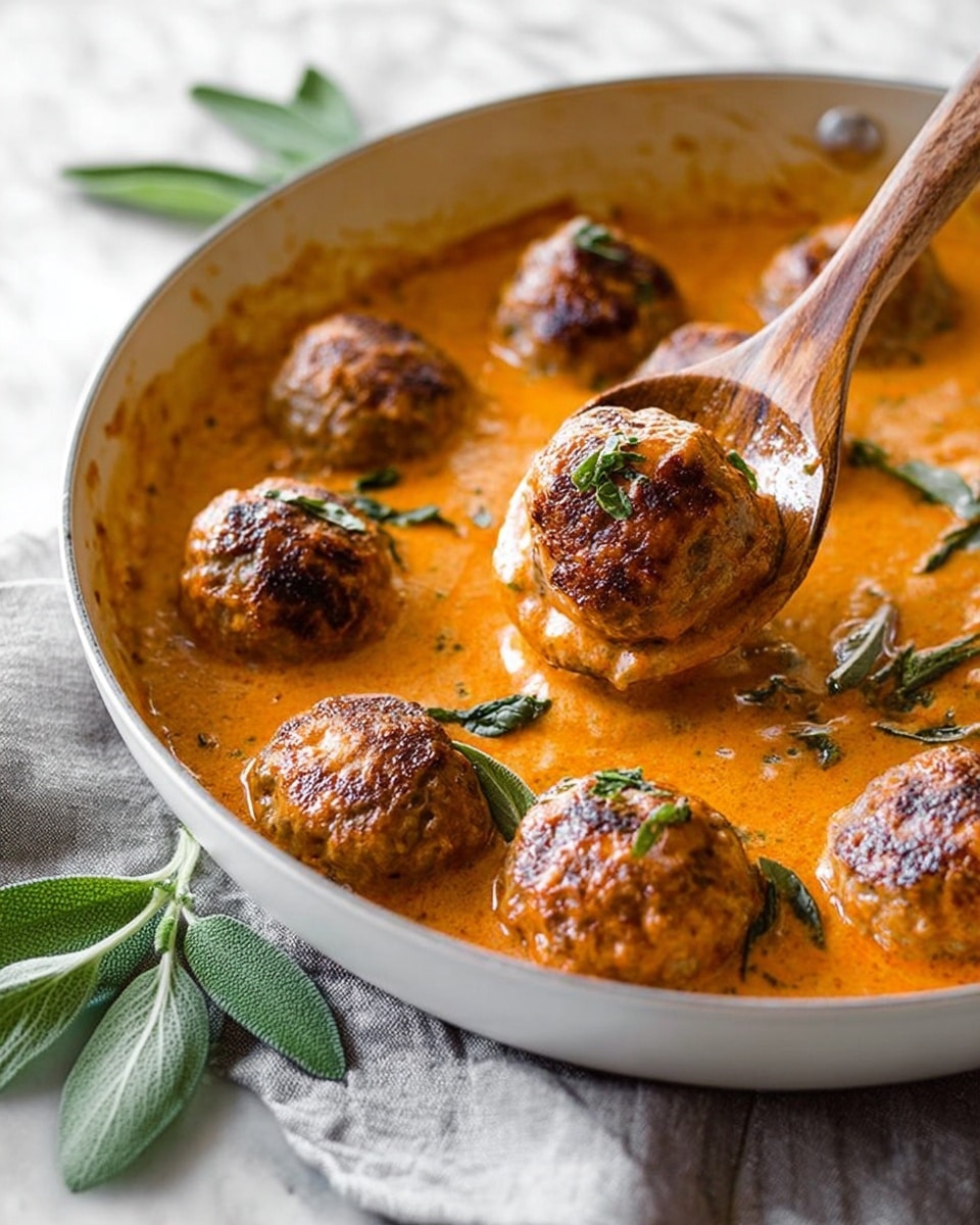 A close-up image of six browned meatballs placed in thick, creamy orange sauce inside a white pan; the meatballs have a slightly rough, crispy surface with small green herb bits on top, partially sunk into the smooth sauce that has a rich, velvety texture and a few green herb leaves scattered around. A wooden spoon is lifting one meatball, showing the sauce dripping slightly from its edges. The pan rests on a soft gray cloth on a white marbled surface, with fresh green sage leaves beside it. Photo taken with an iphone --ar 4:5 --v 7