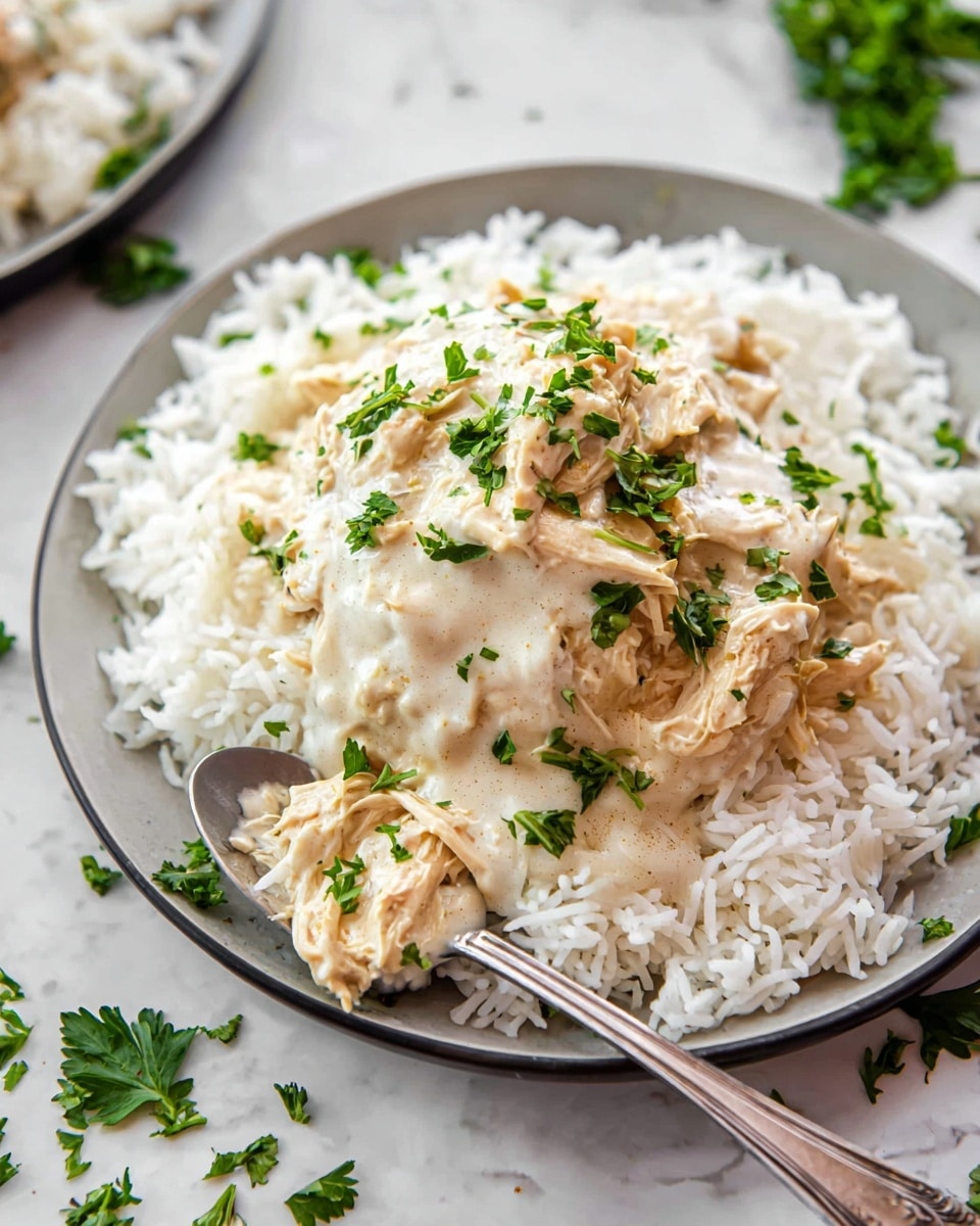 A close-up view of shredded chicken in creamy white sauce layered on a bed of fluffy white rice, all placed on a white plate. The creamy chicken is topped with green chopped parsley, adding a fresh splash of color. A silver spoon with a scoop of the creamy chicken and rice rests on the plate's edge. The plate sits on a white marbled surface with scattered parsley leaves around it. Photo taken with an iphone --ar 4:5 --v 7