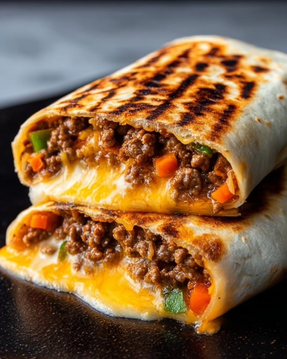 A close-up view of a rolled grilled wrap resting on a white marbled surface, showing three distinct layers inside: the outer layer is a golden brown, crispy flatbread with grill marks; inside, there is a layer of melted white cheese that appears stretchy and soft; beneath the cheese is ground beef, dark brown and finely crumbled, mixed with the cheese, with some orange melted cheese oozing out at the bottom. Photo taken with an iphone --ar 4:5 --v 7
