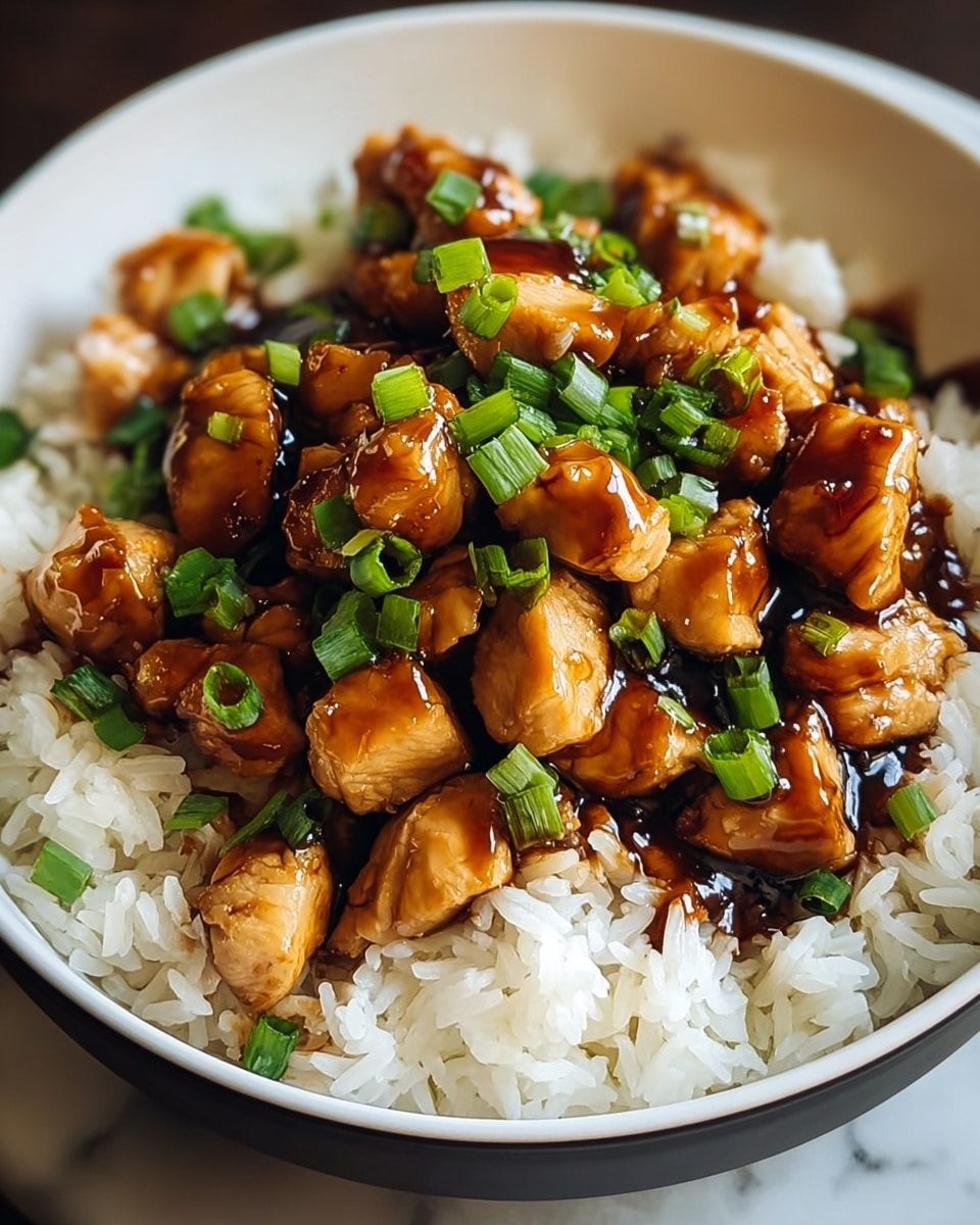 A white bowl filled with a base layer of cooked white rice topped with a thick layer of grilled chicken pieces covered in a rich, glossy dark brown sauce. Scattered fresh green chopped scallions sit on top of the chicken, adding a touch of bright green color. The dish is placed on a white marbled surface. photo taken with an iphone --ar 4:5 --v 7