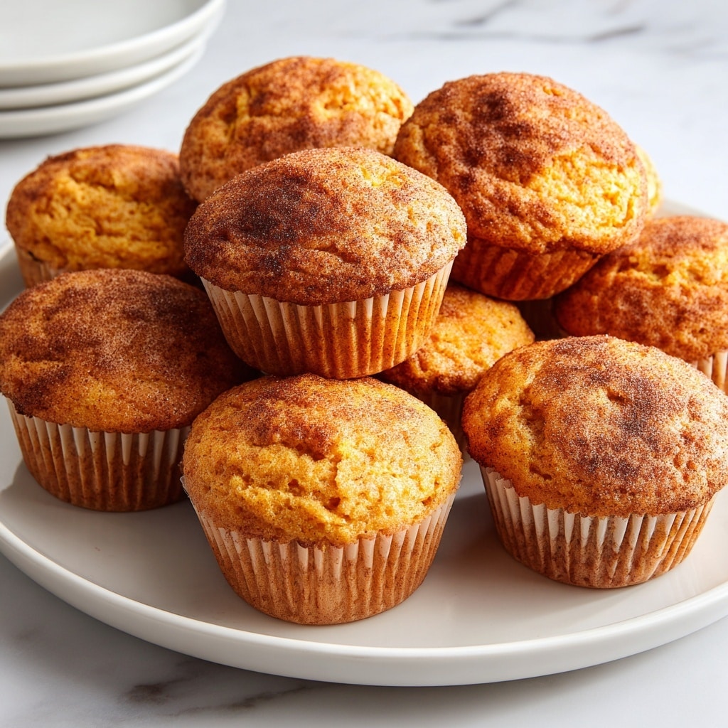 A white plate full of eight golden-brown muffins with a light dusting of cinnamon powder on top. One muffin is placed in the center with a bite taken out, showing its moist, soft, orange-brown inside texture. The muffins have slightly rounded tops with a dense but fluffy look. The plate sits on a white marbled surface with a few extra muffins scattered around the edges. photo taken with an iphone --ar 4:5 --v 7