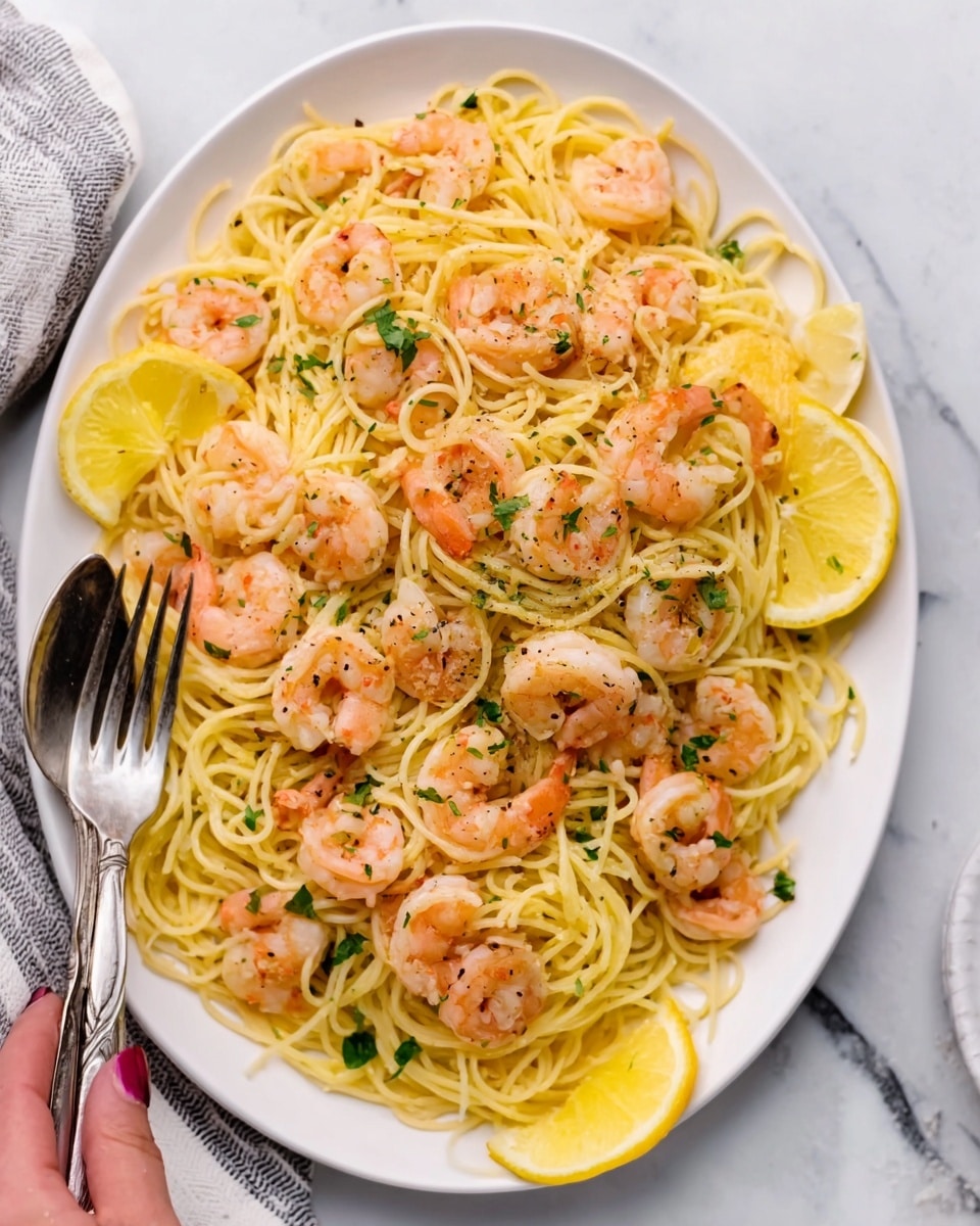 A white plate filled with creamy spaghetti pasta topped with several pink shrimp, garnished with green parsley pieces. A woman's hand is holding a fork lifting up a tangle of spaghetti with shrimp wrapped around it. There are lemon wedges placed on the side of the plate. The setting features a white marbled surface. photo taken with an iphone --ar 4:5 --v 7