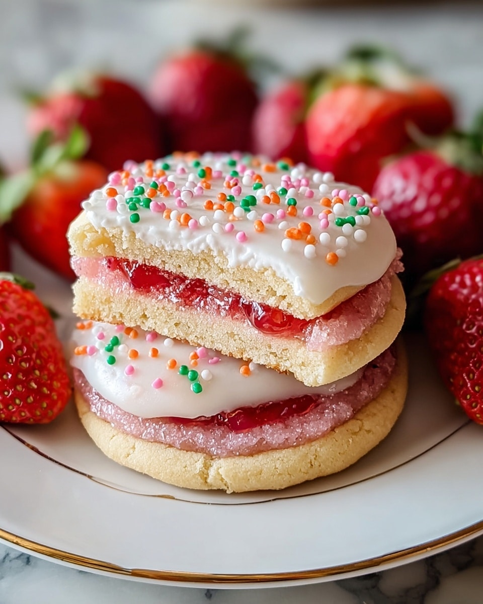 The image shows a close-up of two strawberry-filled cookies stacked on a white plate with a gold rim, placed on a white marbled surface. Each cookie has three layers: the bottom layer is a soft, light golden-brown cookie base; the middle layer is a bright pink, glossy strawberry jam filling; and the top layer is white icing with a slightly rough texture and small colorful round sprinkles in red, green, orange, and pink. Around the cookies, there are fresh, whole red strawberries with green leaves, adding vibrant color to the scene. photo taken with an iphone --ar 4:5 --v 7