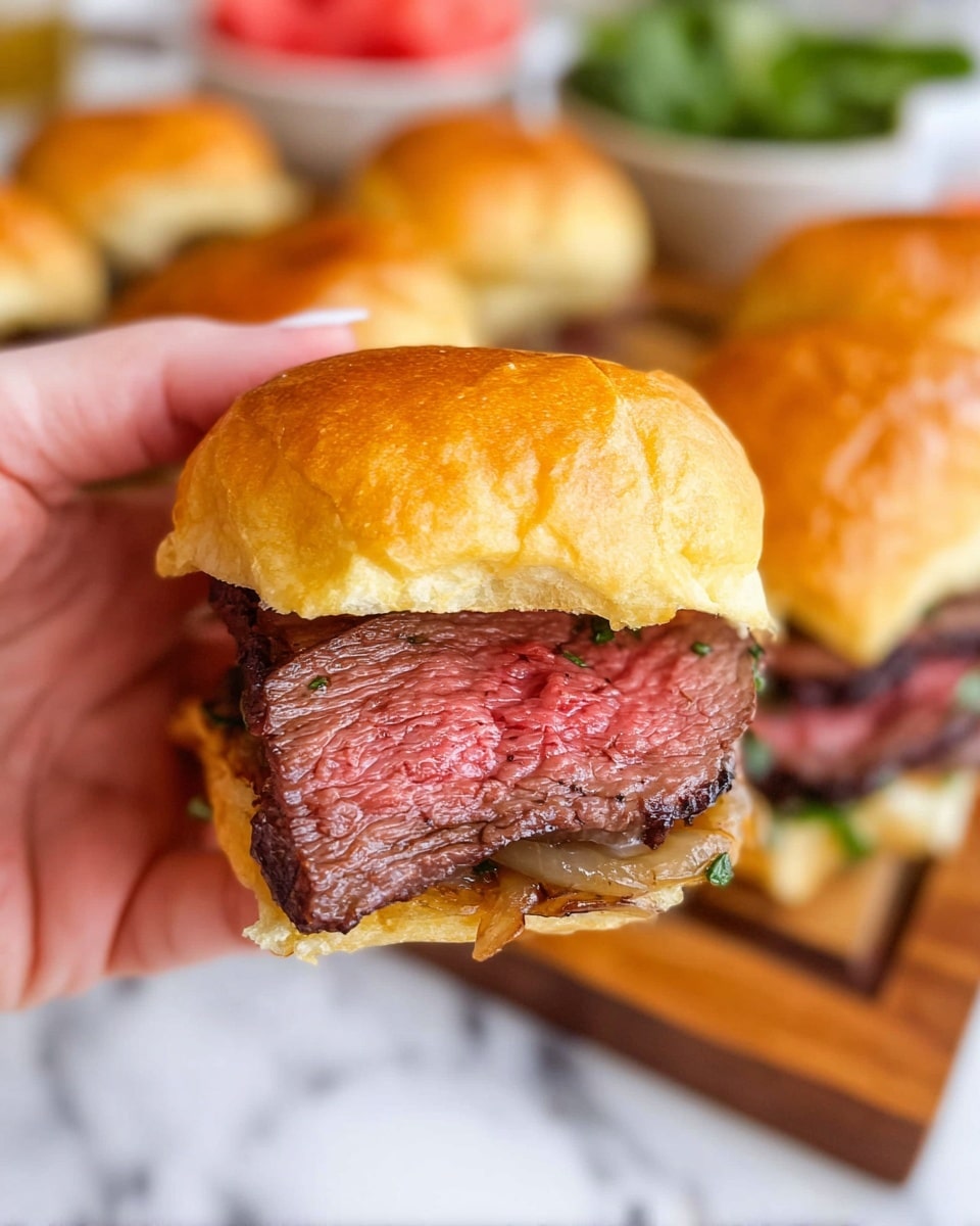 The image shows a close-up of several juicy mini steak sliders arranged on a black board with a white marbled surface underneath. Each slider has a shiny, golden brown top bun sprinkled with green herbs and melted butter glistening on it. Underneath the top bun, caramelized onions and melted orange cheese overflow around thick slices of pink-centered steak with grilled edges. The bottom bun is soft and light-colored, holding the steak and toppings together. Some sliders are whole, while one in the center right is cut in half, revealing its layers clearly. A knife with a black handle lies next to them, with a piece of steak beside it. Green jalapeño slices and scattered herbs add fresh color around the board. Photo taken with an iphone --ar 4:5 --v 7