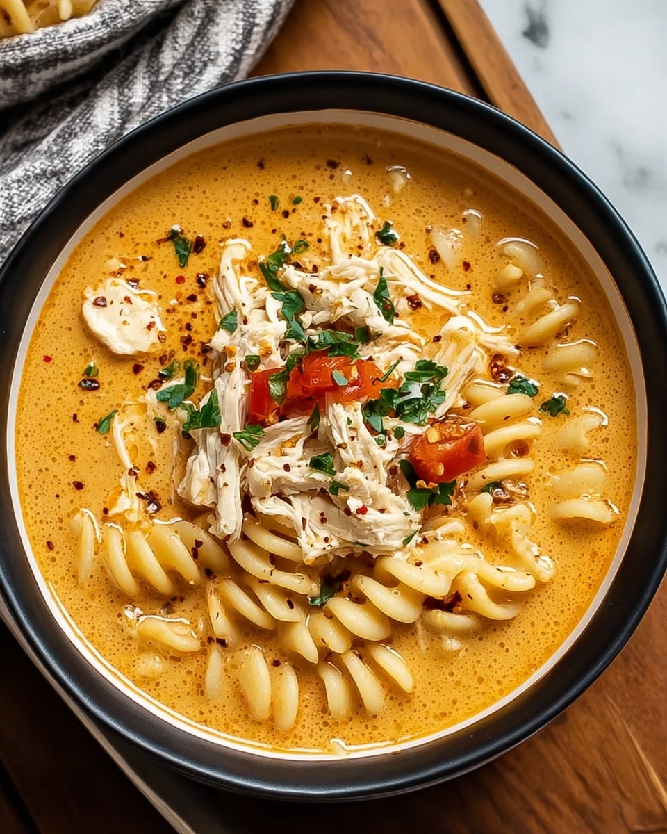 A close-up of a creamy soup served in a white bowl with black outer rim, filled with three layers: at the base, a rich, thick, orange-tinted broth that looks smooth and velvety; in the middle layer, twisted rotini pasta with a light yellow color soaked in the broth; on top, pieces of shredded white chicken with a few small, diced red tomatoes scattered around, garnished with chopped green herbs and sprinkled with coarse black pepper and red pepper flakes. The bowl sits on a wooden table, part of a white marbled textured surface is visible next to it along with a gray and white striped cloth. photo taken with an iphone --ar 4:5 --v 7