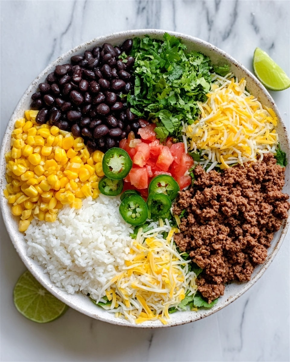 A white bowl with six distinct sections visible from above, each holding different food items arranged neatly. Starting from the bottom left, there is a pile of fluffy white rice, next to it a portion of bright yellow corn, followed by a scoop of dark black beans. In the bottom right section, there is a serving of cooked ground beef with a brown, crumbly texture. At the center, there is a small mix of fresh chopped cilantro, diced red tomatoes, a few slices of green jalapeño peppers, and some shredded yellow and white cheese. A lime wedge rests at the edge of the bowl, and white marbled surface is visible underneath. Photo taken with an iphone --ar 4:5 --v 7