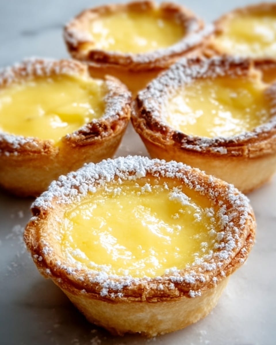 The image shows five small egg tarts with a golden brown, flaky crust. Each tart has a smooth, creamy yellow filling that looks soft and shiny. The crust is slightly browned and crumbly at the edges. A light dusting of white powdered sugar is sprinkled gently on top of the tarts, adding a soft contrast against the yellow filling. The tarts are placed close together on a white marbled surface, with one tart in the front center in clear focus and the others slightly blurred behind it. The light highlights the delicate texture and freshness of the tarts. photo taken with an iphone --ar 4:5 --v 7