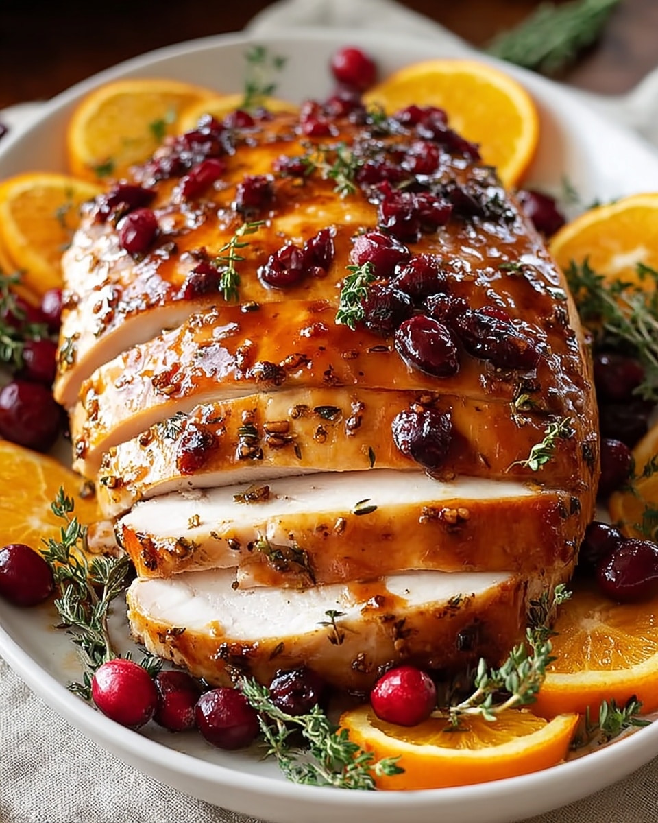 A white plate holds a large glazed roasted turkey breast, sliced into five thick layers showing white, tender meat inside. The shiny golden-brown glazed skin covers the top and sides, decorated with scattered dark red cranberries and sprigs of fresh green thyme. Around the turkey on the plate, there are bright orange round slices and halved oranges adding color contrast. The background is a soft focus, with part of a beige cloth visible under the plate. The overall look is warm and rich with juicy, flavorful textures. photo taken with an iphone --ar 4:5 --v 7
