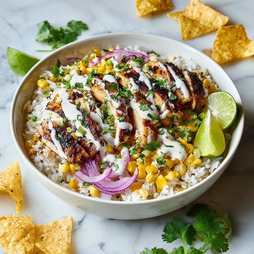 A white bowl filled with three main layers inside: the base layer is white rice mixed with bright yellow corn kernels and some green chopped scallions, the middle layer consists of grilled chicken pieces with a golden brown slightly charred texture placed neatly on top, and the top layer includes fresh green cilantro leaves and green jalapeño slices scattered over the chicken and rice. A lime half, lightly charred, sits on the right side of the bowl. The bowl is placed on a white marbled surface with scattered corn kernels, chopped herbs, and lime halves around it, adding a fresh and colorful look. photo taken with an iphone --ar 4:5 --v 7