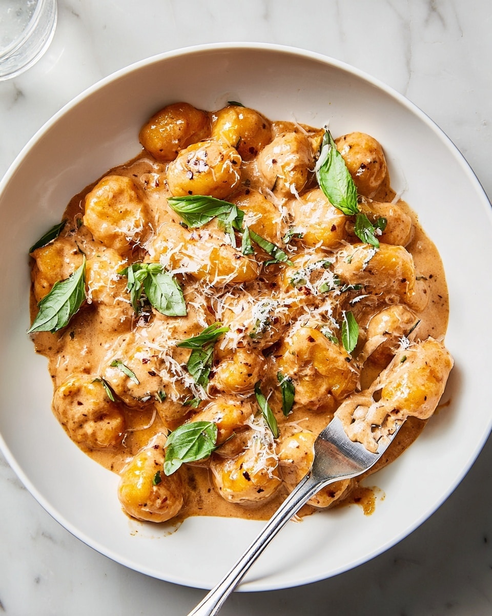 A close-up view of creamy gnocchi in a deep white bowl with a black rim. The dish shows soft, round gnocchi pieces covered in a thick, reddish-brown sauce with bits of sun-dried tomatoes and herbs mixed throughout. The sauce has a rich, smooth texture with speckles of black pepper and finely chopped greens. Fresh green basil leaves are scattered on top and mixed in, adding a bright contrast to the warm colors. A spoon lifting a portion of gnocchi is visible on the right side, filled with several gnocchi pieces coated evenly in the sauce, captured on a white marbled surface. photo taken with an iphone --ar 4:5 --v 7