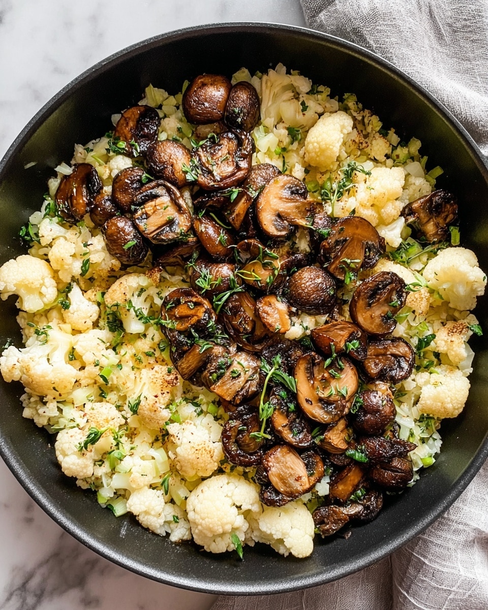 The image shows a close-up of a dish in a white bowl filled with two main layers: small cooked cauliflower florets that are creamy white with a slightly browned, crispy edge, and sautéed mushroom slices that are dark brown and glossy. The cauliflower and mushrooms are mixed together, sprinkled with small bits of green herbs and black pepper, creating a fresh and textured look. The bowl is placed on a white marbled surface. photo taken with an iphone --ar 4:5 --v 7