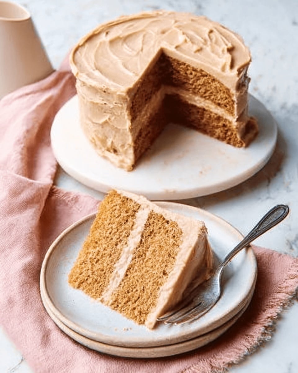The image shows a three-layer cake with light brown frosting on top and between each layer. The cake itself is a warm tan color with a soft crumb texture. One slice is cut out and placed on a white plate, revealing the even layers of cake and frosting inside. A silver fork rests next to the slice on the plate. The cake and slice are set on a white marbled surface with a soft pink cloth nearby. The overall look is simple and cozy, with smooth, creamy frosting covering the cake evenly. photo taken with an iphone --ar 4:5 --v 7