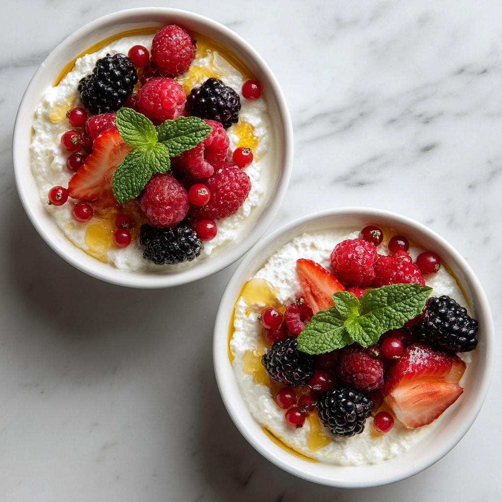 A white bowl filled with a thick layer of soft, white cottage cheese at the bottom. On top of the cheese, there is a mix of fresh berries including red raspberries, blackberries, sliced strawberries, and small red currants scattered evenly. Bright green mint leaves are placed on top in the center, adding a fresh look. Golden honey is drizzled lightly over the berries and cheese, giving a shiny glaze. The bowl is placed on a white marbled surface. Photo taken with an iphone --ar 4:5 --v 7