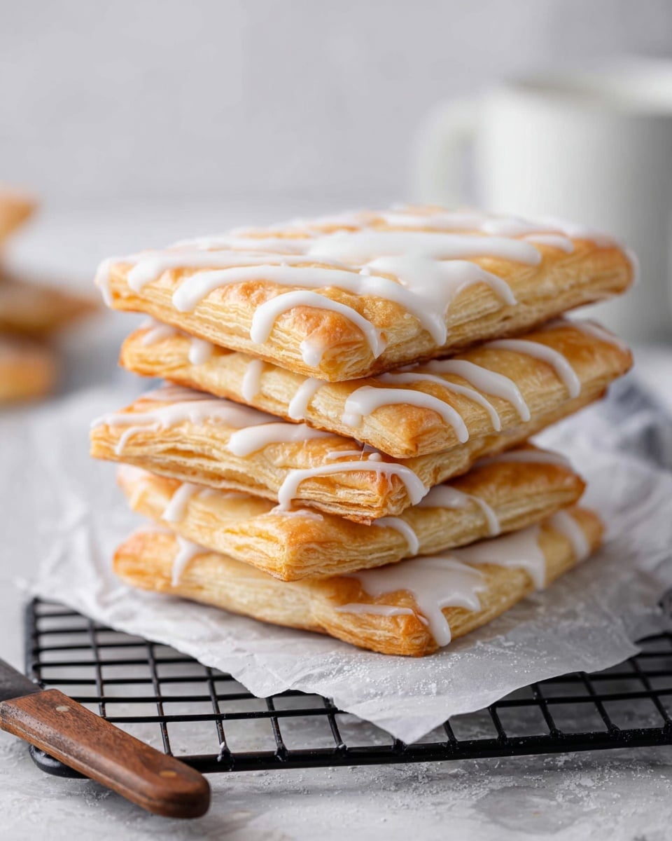 A stack of five rectangular pastries sits on a black wire rack over white parchment paper, placed on a white marbled surface. Each pastry has a golden-brown, flaky crust with a slightly shiny finish, layered one on top of another. The top pastry has a smooth white icing spread evenly on its surface, with additional white icing drizzled in thin, crisscross lines down the sides and over the edges of each pastry. The background is softly blurred, showing a white ceramic cup and a wooden-handled knife. photo taken with an iphone --ar 4:5 --v 7