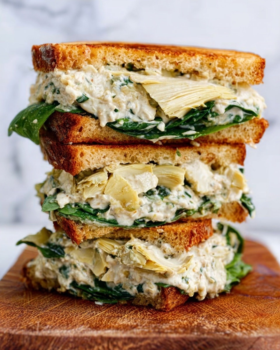 The image shows a sandwich cut in half and stacked on a wooden surface with a white marbled texture around. The sandwich has three layers of toasted bread with a golden-brown crust and a soft, slightly porous inside. Between the bread layers, there are two thick layers of creamy white spread mixed with dark green spinach leaves and pale yellow artichoke pieces, giving a rich and textured appearance. The sandwich looks soft and filled generously, with some of the creamy filling oozing out around the edges. Photo taken with an iphone --ar 4:5 --v 7