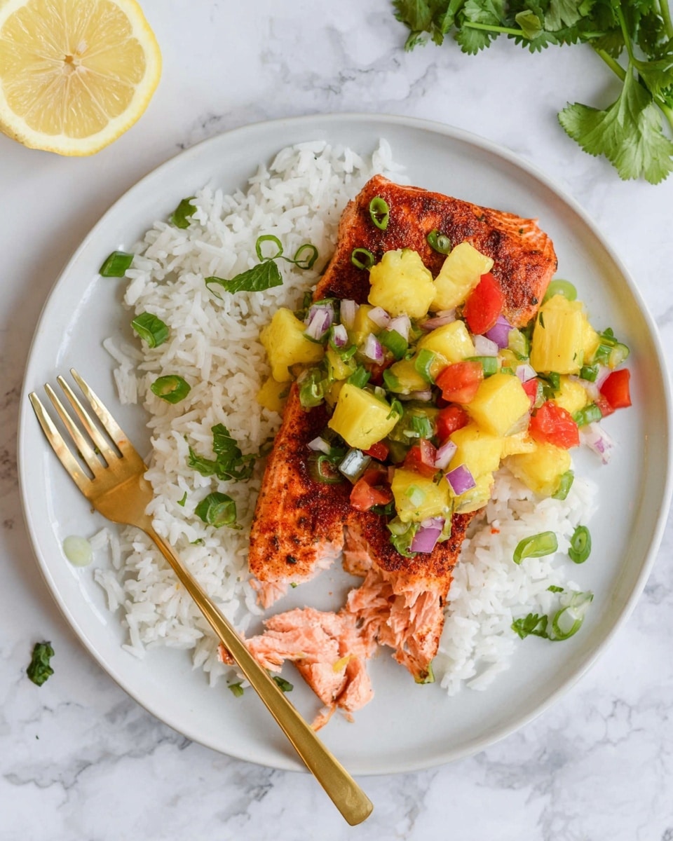 A white plate holds a serving of cooked white rice on the top right side, garnished with small green cilantro leaves and a few thinly sliced green onions. On the bottom left side of the plate is a piece of cooked salmon with a slightly charred, reddish-brown surface and a moist, flaky texture where a small section is broken apart. On top of the salmon is a colorful salsa made of yellow pineapple chunks, small diced red tomatoes, green bell peppers, and small pieces of purple onion, mixed with green herbs. A gold fork rests on the right side of the plate on the white marbled surface. In the top left corner, half of a squeezed lemon and some cilantro leaves are visible on the white marbled background. photo taken with an iphone --ar 4:5 --v 7