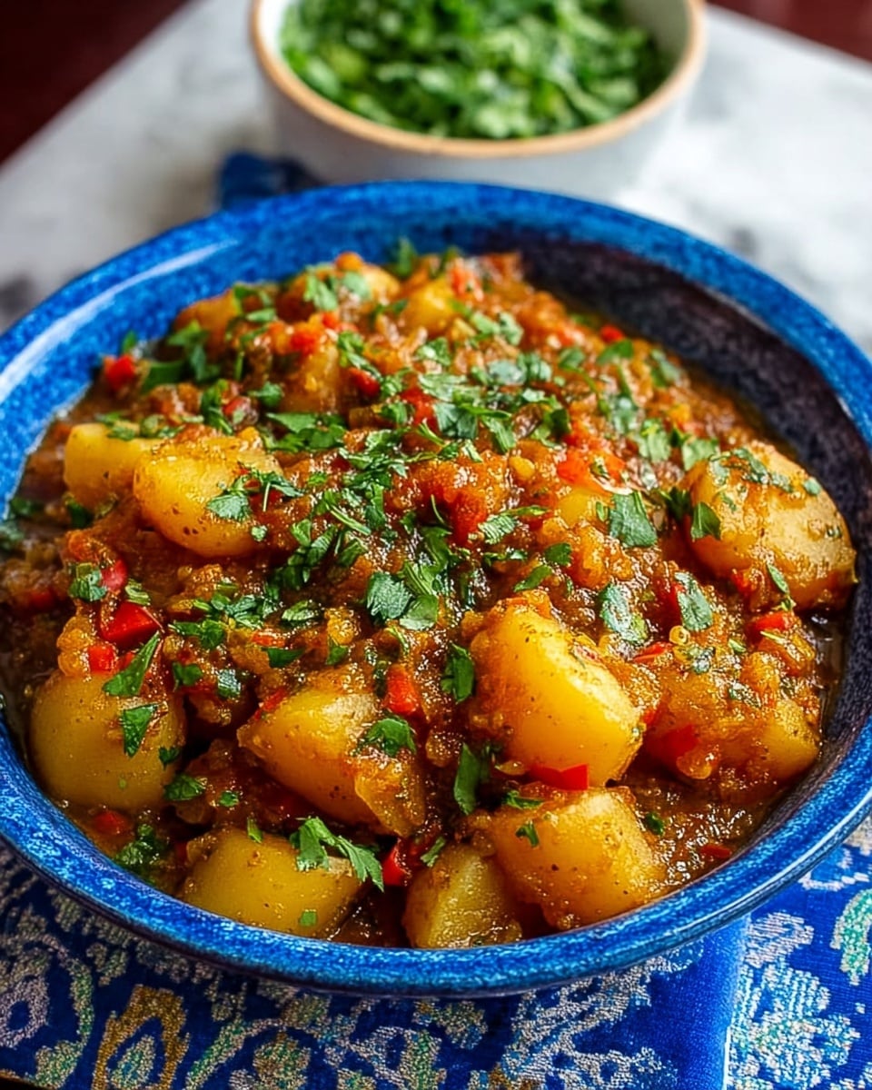 A close-up image of a black bowl filled with a thick stew that has three visible layers: the bottom layer is a rich reddish-brown sauce with a slightly oily texture, the middle layer consists of yellow potato chunks coated in the sauce, and the top layer is a generous sprinkle of fresh, chopped green herbs. The bowl sits on a blue and white patterned cloth, with a blurred background behind it. photo taken with an iphone --ar 4:5 --v 7